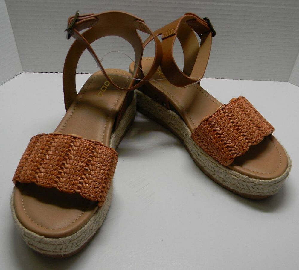 Soda Platform Sandal with Ankle Straps Buckle Raffia Wedge Sz 8.5 NWOT